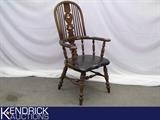 High Back Spindled, Leather Accented, Turned Wood Arm Chair
