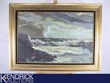 Large Wood Framed Oil Painting of Wave Splashing onto Beach
