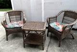 Wicker Porch / patio Set...includes a pair of Wicker Arm Chairs with cushions, and Wicker End Table with Bookshelf Storage