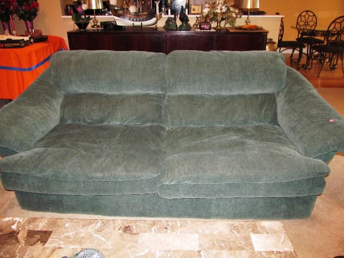 Very Comfortable Large Overstuffed Sofa by Bench Craft, with overstuffed arms and back, and Green Velour Upholstery