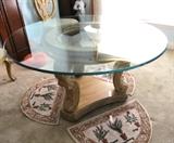 Continental Style Glass and Wood Dining Table...part of an Excellent Continental Style Dining Set…Renaissance Line…this Glass and Wood Dining Table has 54” round beveled glass top, and beautifully intricately carved Renaissance style pedestal base with ivory crackle finish; The Dining Set includes Four (4) Matching Dining Side Chairs (pictured elsewhere in this collection) with beautifully carved backs, arms and legs, ivory crackle finish, and cotton ivory and beige texture upholstered seats;