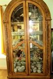 Matching Continental Style Lighted Curio with mirrored back, glass & wood doors, 5 glass shelves display…beautiful intricately carved woodwork. (Contents of the Curio Cabinet are not available.)