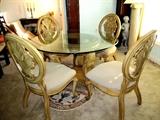 Excellent Continental Style Dining Set…Renaissance Line…includes Glass and Wood Dining Table with 54” round beveled glass top, and beautifully intricately carved Renaissance style pedestal base with ivory crackle finish; Four (4) Matching Dining Side Chairs with beautifully carved backs, arms and legs, ivory crackle finish, and cotton ivory and beige texture upholstered seats;