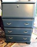 Nice Drop Front Writing Desk with drop front writing surface and storage, 3 drawers storage, brass pulls, bracket style feet and teal green color finish