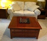 Love seat in excellent condition matches sleeper sofa; Bassett J.G. Hook map coffee table and two side tables in good condition.