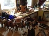 Breyer horses, drums, collectibles, Remington prints, bottles, baskets, and artworks.