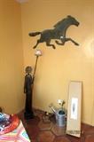 Copper horse ( approx 36" wide), Metal African woman lamp ( needs new wire)