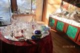 Table full of crystal, White ceramic / glass collection, lots of silver-plate serving pieces