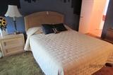 Matching contemporary queues sized bed and nightstand- Many linens also