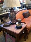           marble topped end table; Asian style lamp