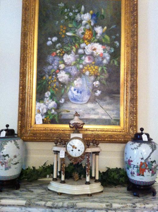       mantel clock, porcelain vases, framed artwork