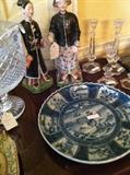     crystal punch bowl, Asian figurines, candle sticks