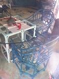                        glass top table/4 blue chairs