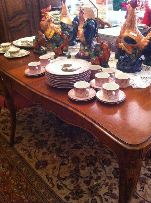     French Prov.table with matching chairs & china cabinet; roosters & rooster dishes