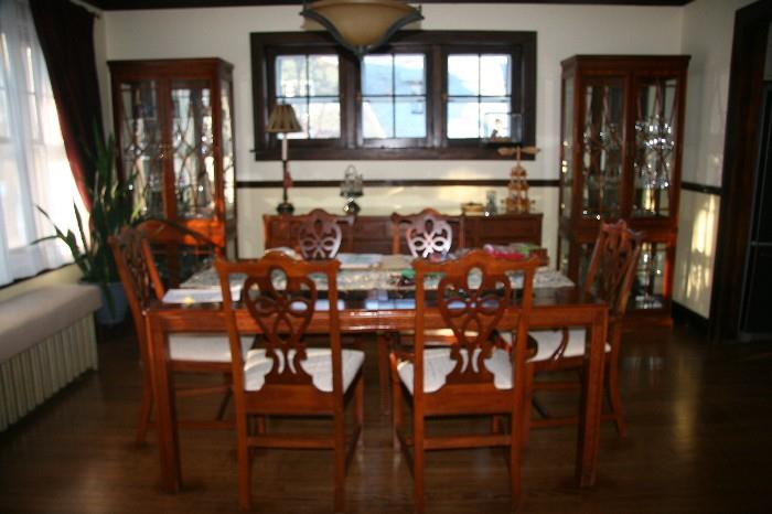 Dining room table, six chairs, two matching china cabinets & an antique sever