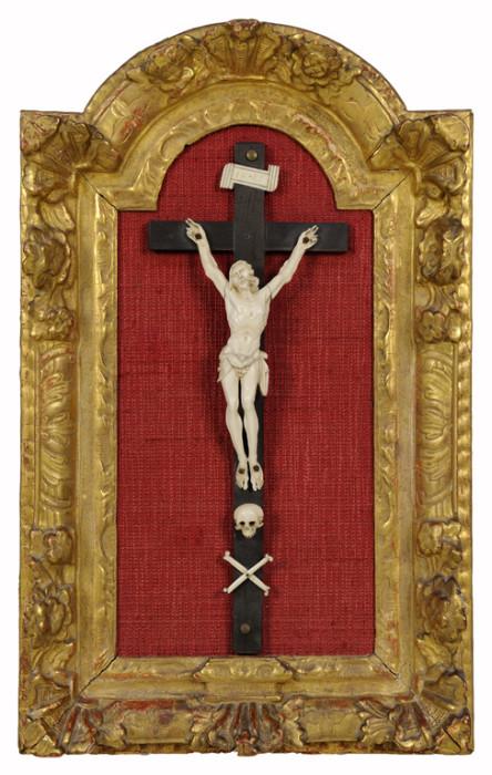 A FRENCH CARVED IVORY AND GILTWOOD CRUCIFIX