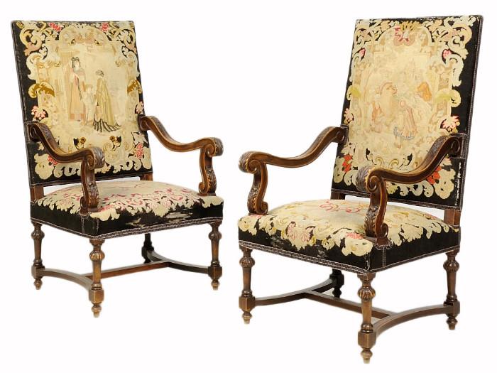 A PAIR OF RENAISSANCE REVIVAL EMBROIDERED WALNUT HALL CHAIRS