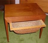 Mid-century Teak sewing table with slide out basket and side drawer