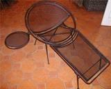 Set of Two (one shown) Retro wrought iron chairs with attachable tray and leg rest extension