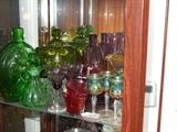 Carnival glass, amethyst glass, cranberry, gilded cordial set.
