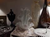 Fenton glass epergine silverlace, hand blown artglass vases, signed