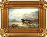 Lot#2024, DOUGLAS ARTHUR TEED OIL ON CANVAS, 1921, H 10", L 15, LIONS IN THE WILD.Douglas Arthur Teed (American, 1863-1929).  A mountain landscape with three lions.  Signed and dated lower left. Framed under glass.  D. J. Healy Shops label on verso.