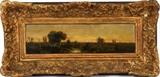 Lot#2027, LEON VICTOR DUPRE (FRENCH 1816-1879), OIL ON PANEL 4" X 14".Depicting a landscape scene with a pond/river canal cattle.  Label on verso- The Watson Art Galleries, Montreal.