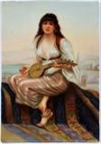 Lot#2033, GERMAN, HAND PAINTED PORCELAIN PLAQUE, H 7'', L 5'', "ZINA", AFTER GASTON CASIMIR ST. PIERRE.Depicting a young woman seated on a carpet playing a mandolin with a coastal shoreline in the background.   H 7.375", L 5.125". Marked MADE IN GERMANY and "Zina nach Saint pierreon" - meaning Zina after painting by orientalist painter Gaston Casimir St. Pierre (1833-1916) on the verso.  Signed lower right.  " Phoicholett"  (?) Unframed.