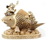 Lot#2045, CHINESE CARVED BONE PANELED ASSEMBLED SCULPTURE OF 2 MALES RIDING A GIANT FISH, H 17", L 20", D 15"As is.