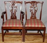 Lt#2160, MAITLAND-SMITH MAHOGANY DINING CHAIRS, SET OF TEN,Chippendale style mahogany, with green and red check fabric, 8 side and 2 arm chairs.