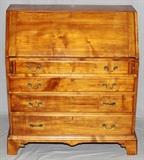 Lot#2170, CHIPPENDALE STYLE MAHOGANY & FIGURED MAHOGANY DROP SLANT FRONT DESK, 19TH C., H 40", W 36", D 19"4 drawers graded in size having willow brasses; scalloped bracket feet and apron.  Dovetail and dowel joinery