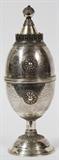 Lot#2298, JEWISH STERLING SILVER BESSAEL ETROG CONTAINER, H 9 1/2"Stem is marked .925, handmade and signed in Hebrew; finely chased with filigree.  8.80 troy ounces by electronic balance; vermeil interior.