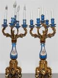 Lot#1053, SEVRES STYLE PORCELAIN & BRONZE FIVE-LIGHT CANDELABRA, PAIR, H 23 1/2", ELECTRIFIED.Light blue porcelain with gilt bronze mounts.  Circa 1970, Total H 31".