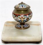 Lot#1073, FRENCH CHAMPLEVÉ & ONYX INKWELL, C. 1900, H 4", W 4 1/2" SQUARE..Champlevé enamel on bronze. Made in France.