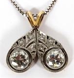 Lot#1148, VINTAGE 14KT WHITE GOLD & EUROPEAN CUT DIAMOND PENDANT, W 5/8", WITH A NECK CHAIN, L 18"Approx. .15pts. Pendant unmarked setting, tested 14 kt gold. H. 3/4'' X W 5/8'', the contemporary chain is stamped 14 KT.  TW.4.4 GR.  Diamonds are approximately .25ct each.