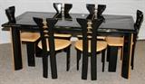 Lot#1167, VOID ROCHE BOBOIS, BLACK LACQUER DINING TABLE & CHAIRS (6)The table measures H 30", L 75", D 39", has inlays of natural colored wood and is accompanied by one leaf L 23.5".  The chairs measure H 35", L 19" and are also done in black lacquer with tan leather seats.  Set of seven pieces.