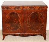 Lot#1160, BURL MAHOGANY SERVER, H 34", W 38", D 19"Fitted with a pair of doors.  Mid 20th century.