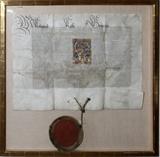 Lot#1231, AUSTRIAN ILLUMINATED DOCUMENT PERTAINING TO FERDINAND I, HOLY ROMAN EMPEROR, 1561, FRAMED.Illuminated vellum measures approximately 19" x 26", with red wax seal, under glass in a contemporary frame, overall size 31" x 32 1/2".