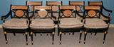 Lot#1272, FEDERAL STYLE OPEN ARMCHAIRS, SET OF EIGHT, H 33"Painted black with gilt decoration. Raised on tapered legs, with cane seats and backs. All having loose leopard print upholstered cushions, measuring H. 33" x 22". The grouping also includes a contemporary upholstered side chair, measuring H. 29" {see third photograph}.