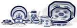 Lot#4, ENGLISH SPODE "FITZHUGH" IRONSTONE DINNER SET, SERVICE FOR 12, 109 PCS.Fitzhugh pattern in blue. Includes a teapot at 6" H., a coffee pot at 9" H., a salt and pepper, 1 covered casserole dish at 12 1/2" Dia., 1 covered soup tureen at 9 1/2" W. x 14 1/2" L., 1 serving dish at 9 1/2" Dia., 1 lidded sugar, 1 creamer, 12 salad plates at 8" Dia., 12 dinner plates at 10 1/4" Dia, 12 berry bowls at 5 1/4" Dia., 1 serving bowl at 10" Dia., 2 serving platters at 10 1/4" W. and 14 1/4" L., 1 square serving dish at 9" X 9", 1 rectangular serving dish at 12 1/4" L., 1 serving platter at 16 3/4" L., 12 teacups with saucers, 11 bouillon soup bowls with under plates, 2 leaf form nut dishes, and 12 bread and butter plates. Group also includes, 12 coordinating, Oriental influenced appetizer dishes at 8 1/4" Dia. 109 total pieces.