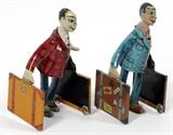 Lot#367, TIN KEY WIND MAN WITH SUITCASE, TWO, H 7"wind-up walking gentlemen holding suitcases. One with stickers on suitcase. #0767, and # 0414.