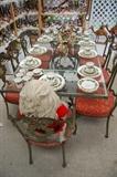 ANTIQUE WROUGHT IRON TABLE AND CHRISTMAS DISHES
