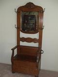 antique tiger oak hall tree with bench storage