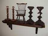 wood shelf, candlesticks, mug holders, mini chair