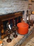 massive orange Gainey of California pot $200, old brass church candlesticks