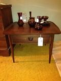 Bassett Danish modern style walnut end table $225, the other is $200 as it has a red spot on the top, misc. amethyst glass collection
