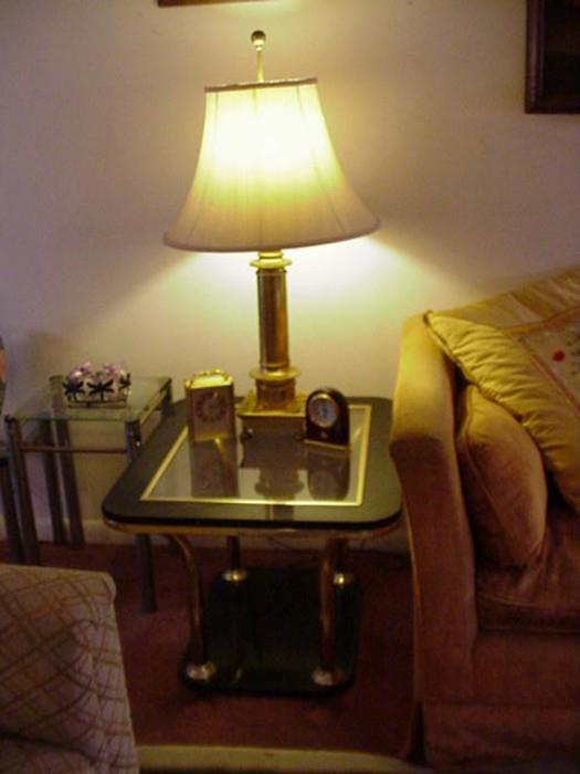 Brass, glass, and black laminate side tables and brass lamps(2)
