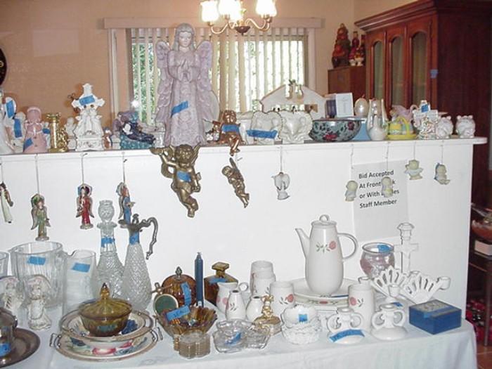 Angels, vintage dishware, vintage glass including milk glass, and much more