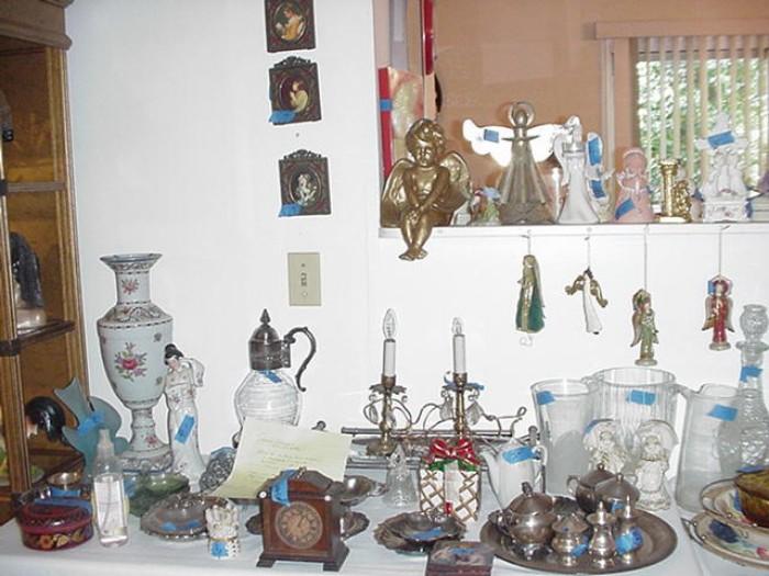 Wood decorative items, porcelain, candle lamps with prisms, silver plate, pewter, carafes, pictures