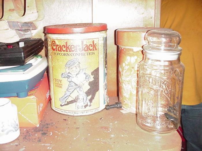 Cracker Jack Tin and Planters Jar, and jars from other well-known makers